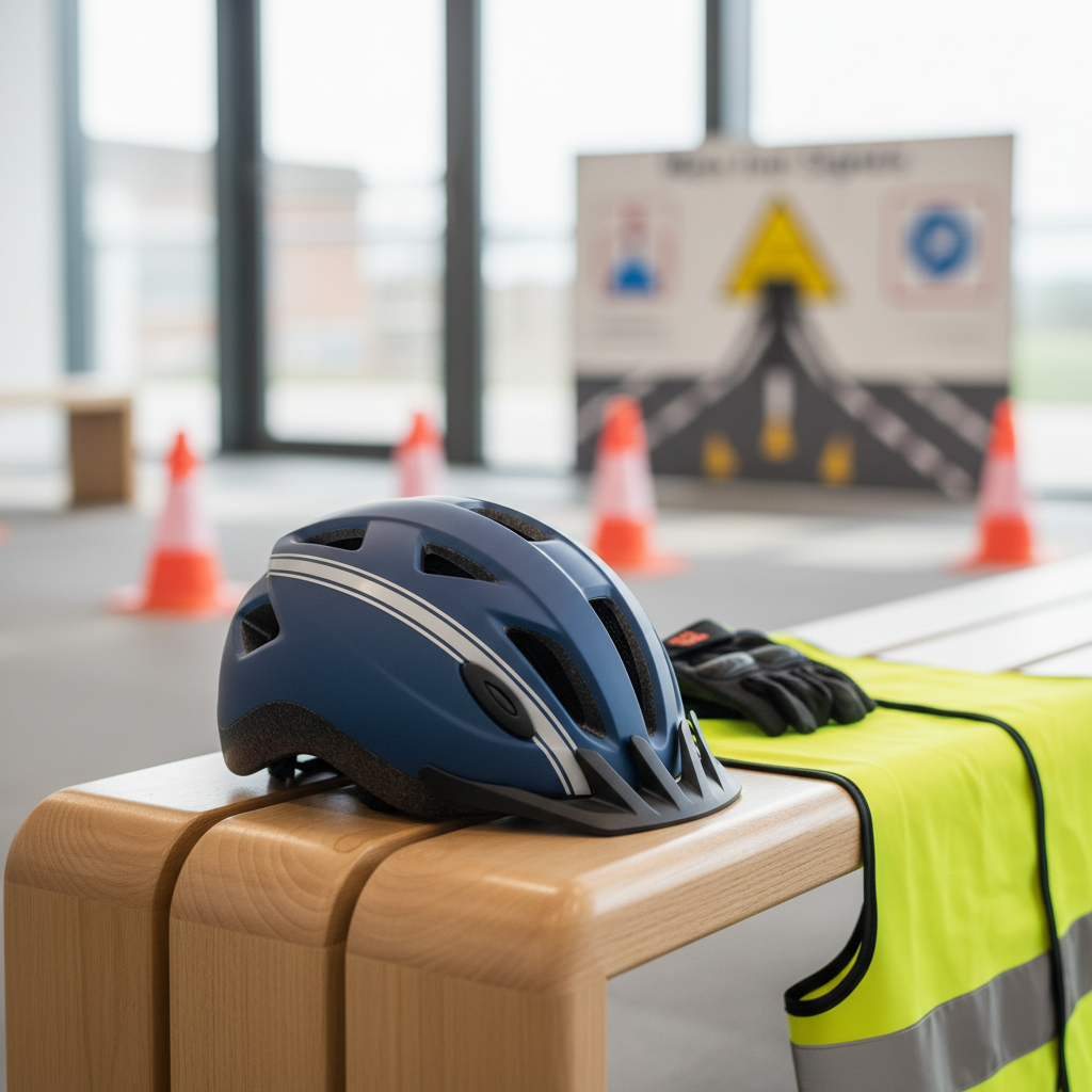 Un casque de vélo junior bleu mat avec bandes réfléchissantes argentées, soigneusement posé sur un banc de bois clair aux bords arrondis, à côté de petits gants rembourrés et d’un gilet haute visibilité jaune plié. En arrière-plan, flous, des cônes orange et un panneau pédagogique illustrant les principaux signaux routiers. La scène est baignée d’une lumière naturelle diffuse provenant de grandes fenêtres hors champ, créant une ambiance chaleureuse et sécuritaire. Prise de vue rapprochée en légère plongée, profondeur de champ réduite pour mettre l’équipement en valeur. Style photographique réaliste, couleurs vives mais équilibrées, transmettant une atmosphère professionnelle, rassurante et orientée vers la sécurité à vélo.
