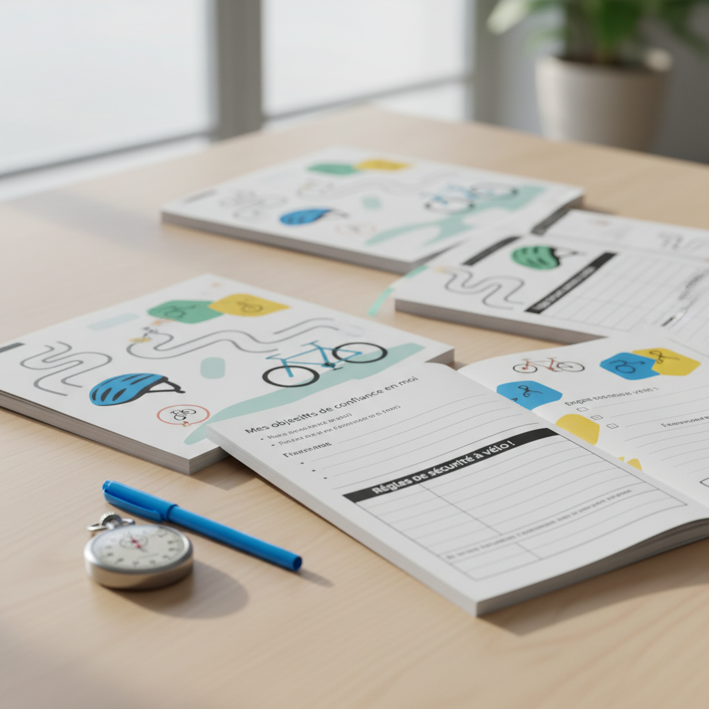Une série de carnets d’entraînement au vélo spécialement conçus pour les jeunes, aux couvertures illustrées de petites icônes de vélos, de casques et de routes, ouverts sur une table en bois clair. Les pages montrent des grilles simples pour noter les progrès, des objectifs de confiance en soi et des rappels de règles de sécurité. À côté, un stylo coloré et un petit chronomètre de poche. La lumière douce du matin entre latéralement, créant des ombres fines et une ambiance calme et motivante. Prise de vue rapprochée, composition en diagonale, profondeur de champ modérée qui floute légèrement l’arrière-plan. Style photographique réaliste, épuré et professionnel, évoquant l’accompagnement progressif et bienveillant du club cycliste.