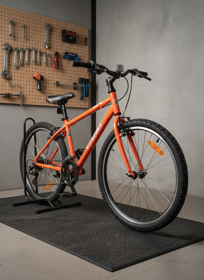 Un vélo junior de taille moyenne, au cadre orange vif avec détails blancs, doté de pneus à crampons propres, de freins bien réglés et de réflecteurs brillants, posé sur un support d’atelier dans un coin dédié à la mécanique. Un tapis en caoutchouc protège le sol, tandis qu’un panneau perforé mural organise de manière impeccable les outils essentiels : clés, démonte-pneus, mini-lampe, tous accrochés par catégories. Une lumière de type studio, douce et uniforme, supprime les ombres dures et met en valeur les formes du vélo. Prise de vue en trois-quarts, légère contre-plongée pour donner une impression de robustesse et de fiabilité. Style photographique réaliste, propre, mettant l’accent sur l’entretien, la confiance et la progression technique des jeunes cyclistes.
