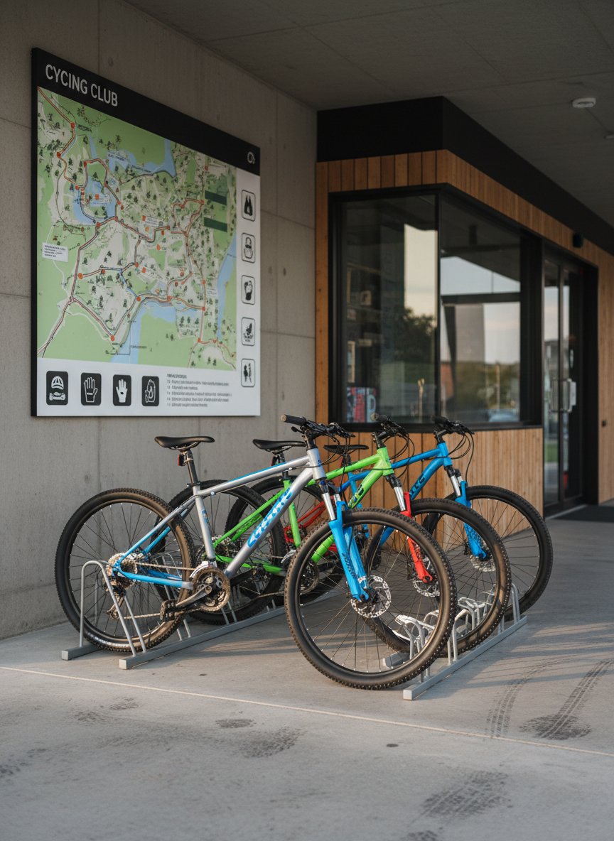Un alignement soigné de vélos de montagne colorés, avec des cadres en aluminium bleu, vert et rouge, reposant sur un râtelier métallique sécurisé devant un local de club cycliste moderne. Le sol en béton lisse porte quelques traces de pneus, tandis qu’un grand panneau mural affiche un plan de parcours et des consignes de sécurité illustrées. Une lumière naturelle douce, de fin d’après-midi, entre par une large baie vitrée, créant des reflets discrets sur les cadres et des ombres nettes mais non dramatiques. Photographie en plan large à hauteur d’œil, nettement détaillée du premier au dernier plan, dans un style réaliste, propre et professionnel qui évoque l’organisation, la sécurité et le plaisir du vélo pour les jeunes.