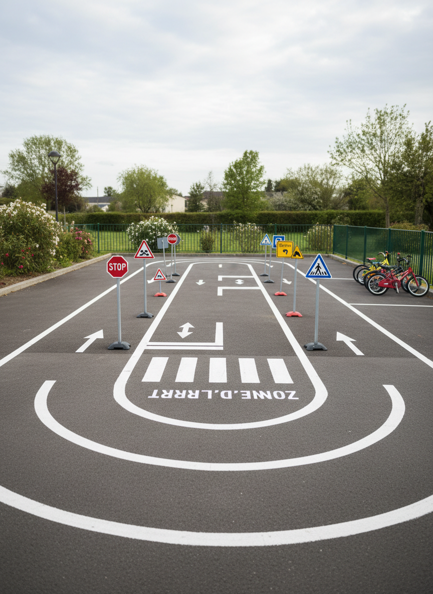 Une petite piste cyclable d’entraînement tracée à la peinture blanche sur un sol d’asphalte propre, avec des virages doux, des flèches directionnelles nettes et un marquage « zone d’arrêt » devant un faux passage piéton. De petits panneaux miniatures de signalisation routière bordent le parcours, posés sur des socles stables. La lumière est douce et légèrement nuageuse, sans ombres dures, donnant un aspect accueillant et pédagogique. Photographie en vue légèrement aérienne, cadrée selon la règle des tiers pour montrer la courbe du circuit. Style réaliste, couleurs naturelles et contrastes modérés, dégageant une impression de sécurité, de progression ludique et de cadre structuré pour l’apprentissage du vélo chez les jeunes.