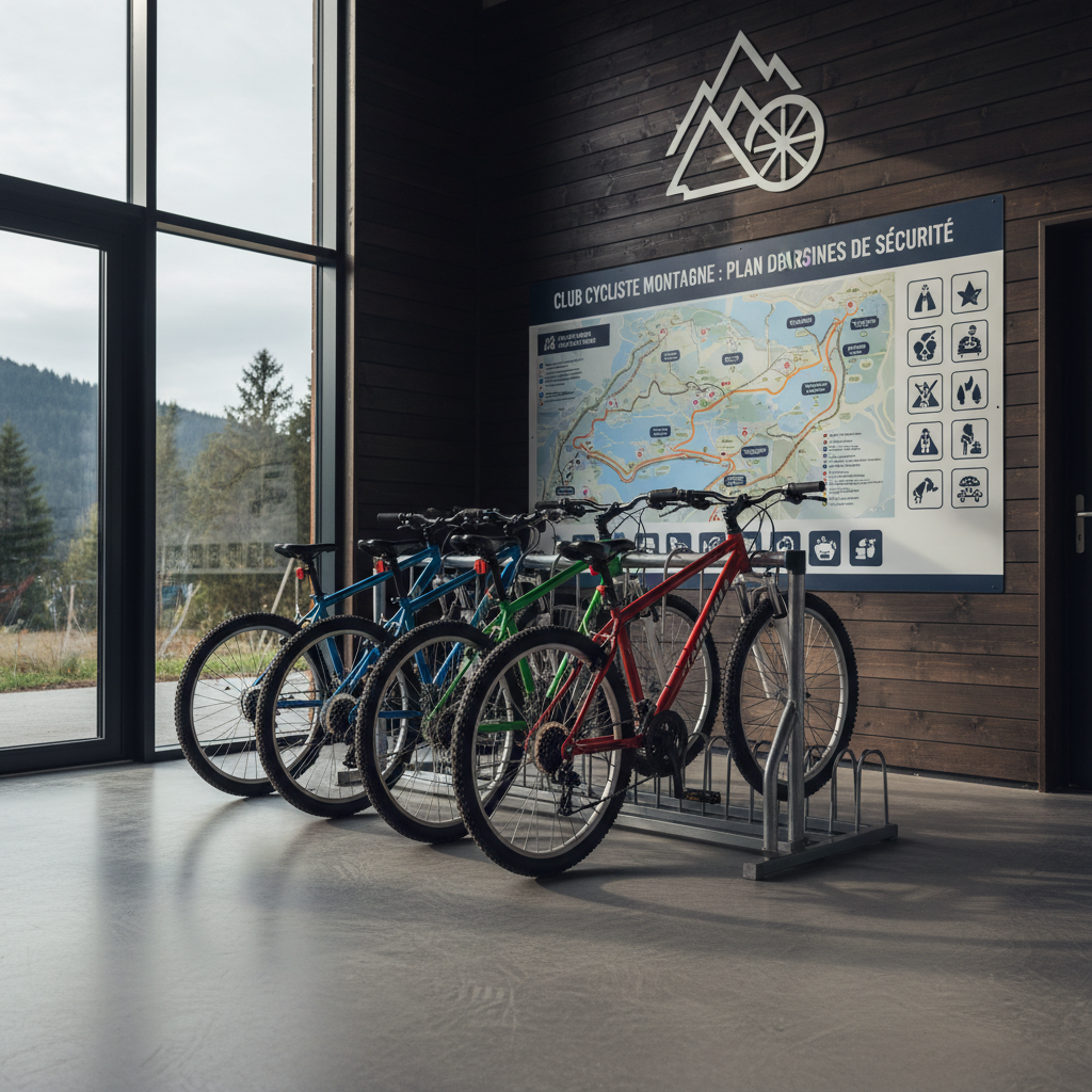 Un alignement soigné de vélos de montagne colorés, avec des cadres en aluminium bleu, vert et rouge, reposant sur un râtelier métallique sécurisé devant un local de club cycliste moderne. Le sol en béton lisse porte quelques traces de pneus, tandis qu’un grand panneau mural affiche un plan de parcours et des consignes de sécurité illustrées. Une lumière naturelle douce, de fin d’après-midi, entre par une large baie vitrée, créant des reflets discrets sur les cadres et des ombres nettes mais non dramatiques. Photographie en plan large à hauteur d’œil, nettement détaillée du premier au dernier plan, dans un style réaliste, propre et professionnel qui évoque l’organisation, la sécurité et le plaisir du vélo pour les jeunes.