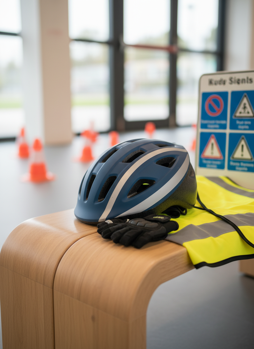 Un casque de vélo junior bleu mat avec bandes réfléchissantes argentées, soigneusement posé sur un banc de bois clair aux bords arrondis, à côté de petits gants rembourrés et d’un gilet haute visibilité jaune plié. En arrière-plan, flous, des cônes orange et un panneau pédagogique illustrant les principaux signaux routiers. La scène est baignée d’une lumière naturelle diffuse provenant de grandes fenêtres hors champ, créant une ambiance chaleureuse et sécuritaire. Prise de vue rapprochée en légère plongée, profondeur de champ réduite pour mettre l’équipement en valeur. Style photographique réaliste, couleurs vives mais équilibrées, transmettant une atmosphère professionnelle, rassurante et orientée vers la sécurité à vélo.