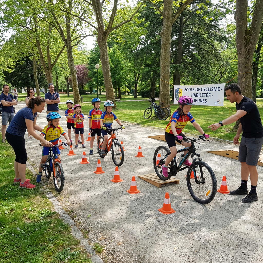 Children in jerseys practicing bike handling on an obstacle course in a park.